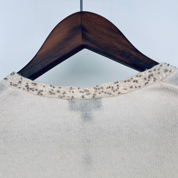 Talbots Beaded Trim Wool Blend Cardigan Size Petite M Ivory Pockets Knit Sweater - Picture 4 of 9